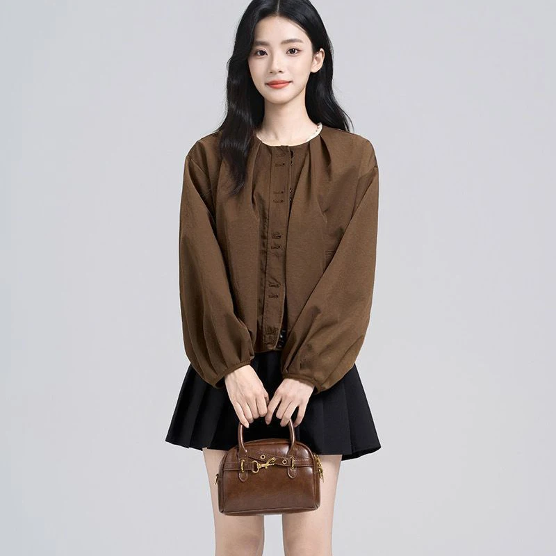 Women Round Neck Jacket Lantern Long Sleeve Button Loose Casual Solid Color Lightweight Vintage Fall Outerwear Coat With Pockets