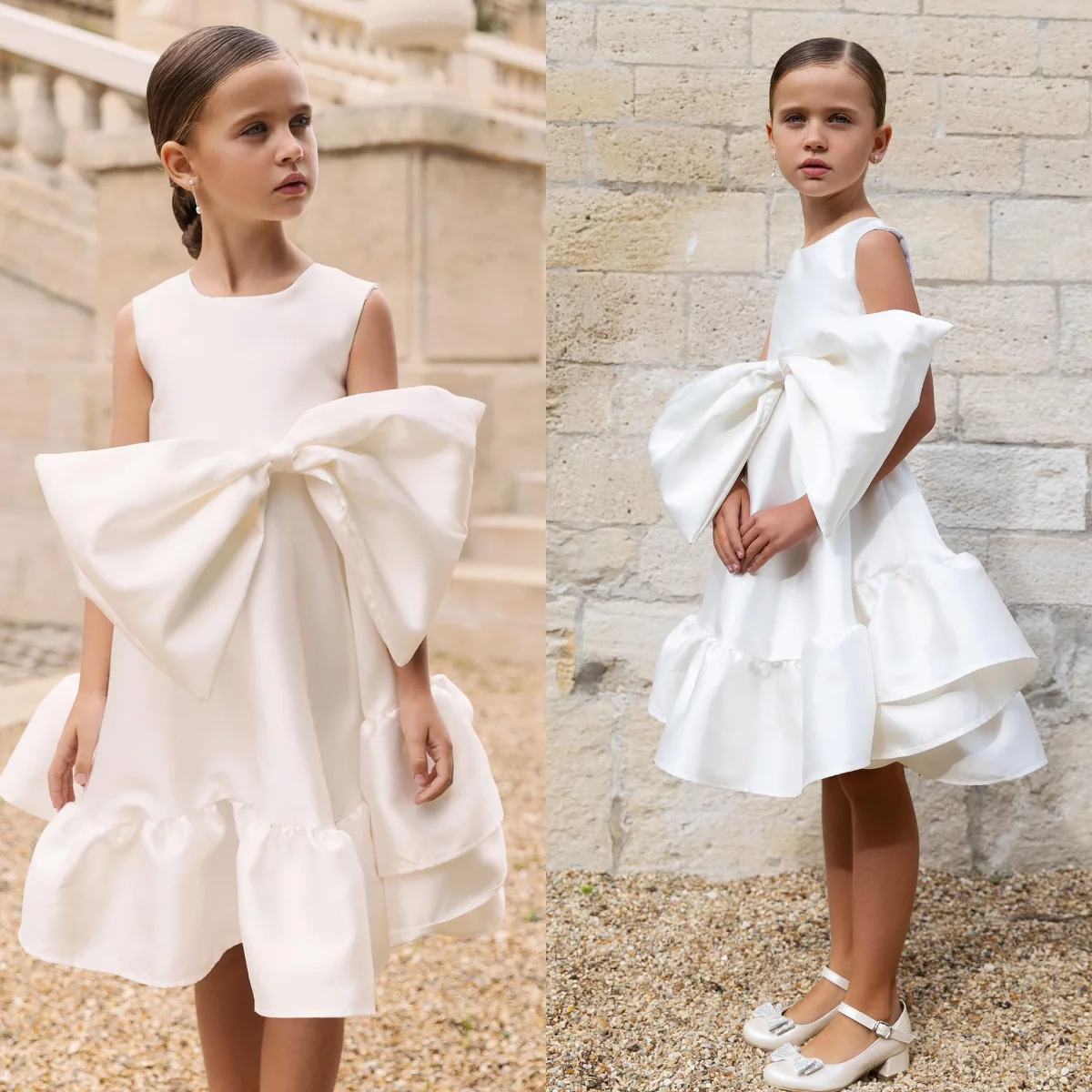 

White Boho Flower Girl Dresses for Wedding Customized Big Bow Flowergirl Dress Baby Girls Birthday Party First Communion Gowns