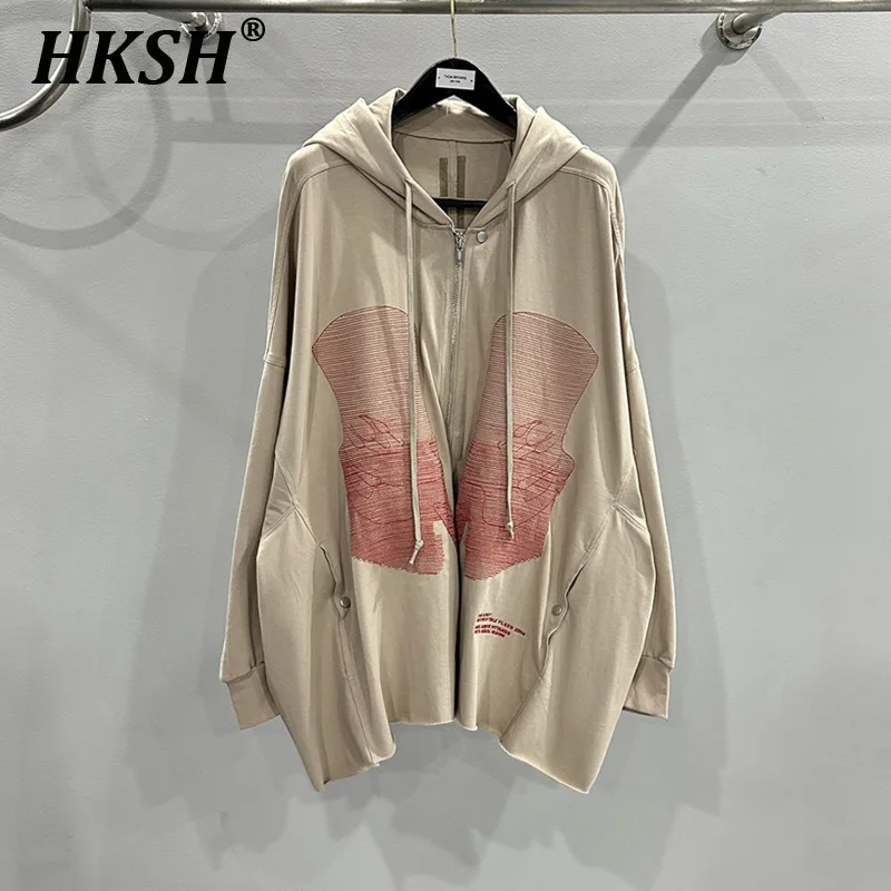 

HKSH Men's Tide Dark RO Style Autumn Winter New Gothic Portrait Embroidery Hooded Cardigan Zipper Hoodie Chic Cotton Coat HK2362