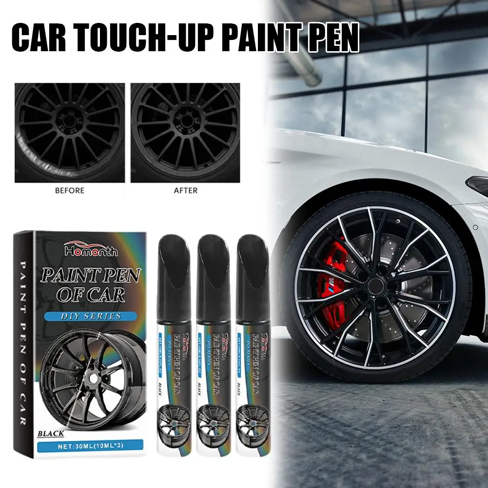 3Pcs/Black Wheel Scratch Repair Paint Marker Touch Up Pen for Car Alloy Rims Metal Surface Chip Mark Cleaner Tool