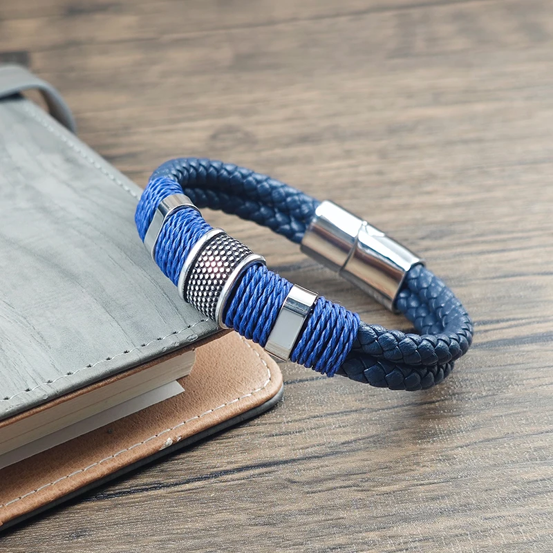 New Blue Braided 5 Colors Leather Stainless Steel Men Bracelet Magnetic Buckle Handmade Wristband for Men Casual Daily Wear