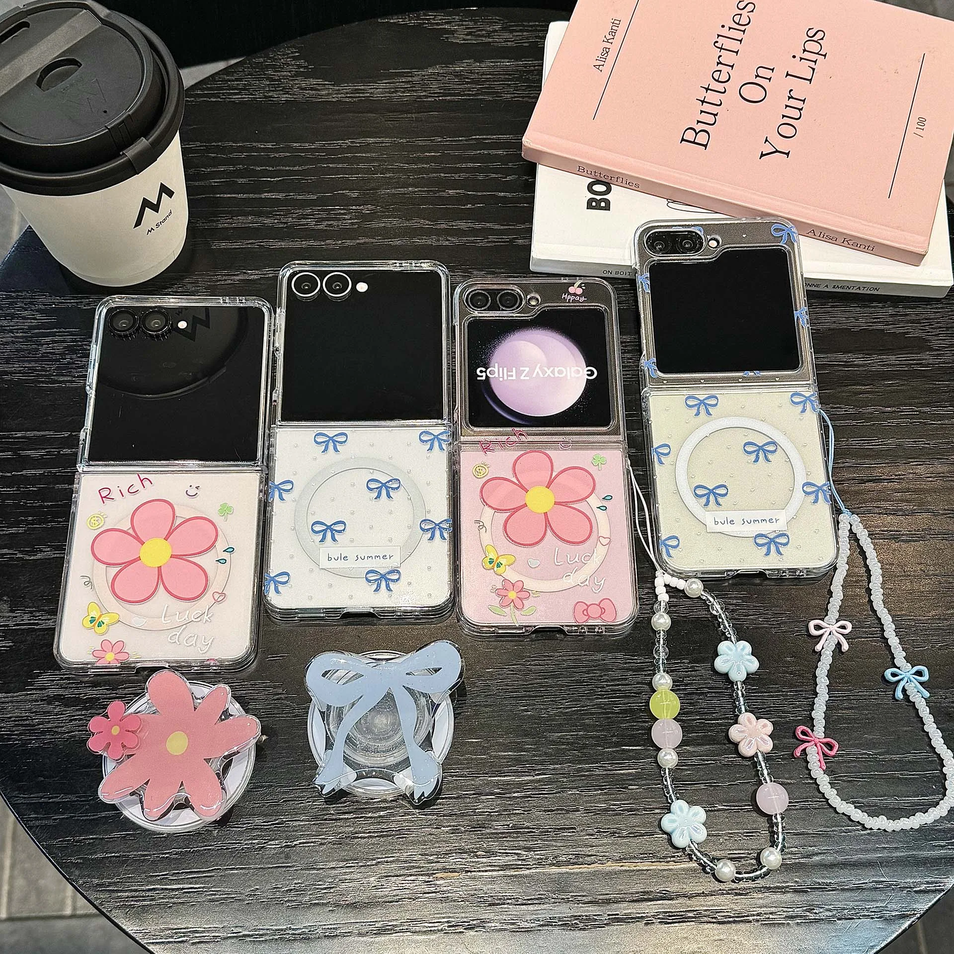 

Back Cover For Samsung Galaxy Z Flip 7 6 5 Case Pink Flower Bowknot Bracket Magnetic Attraction Bracelet Wristband Chain Case