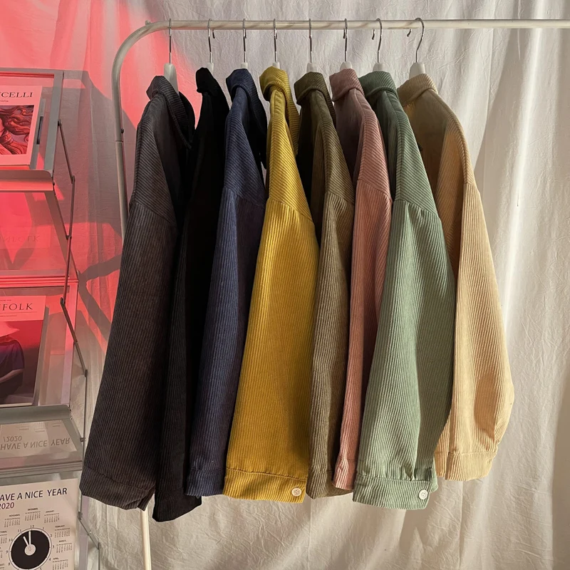 Corduroy Long Sleeve Men's Shirt Autumn Season Ins Hong Kong Style Design Unique Couple Turn-down Collar Shirt Jacket