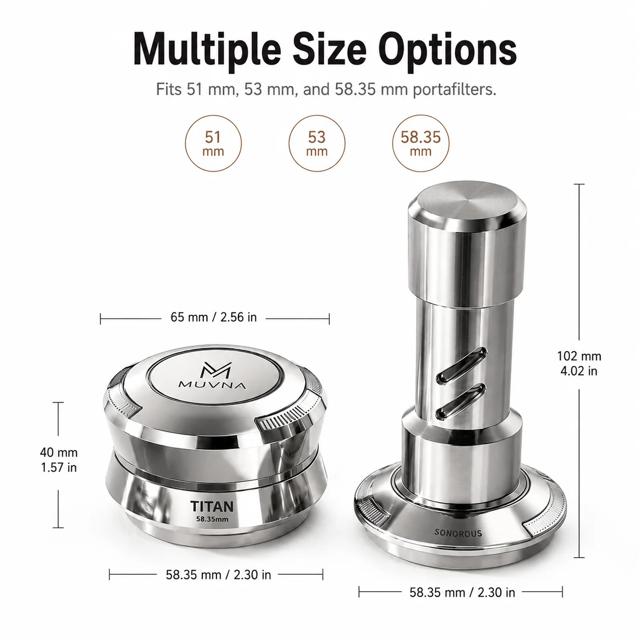MUVNA Constant Force Espresso Tamper 51/53/58.35mm Stainless Steel Coffee Leveler Thread Gravity 25-35 Pounds Adjustable