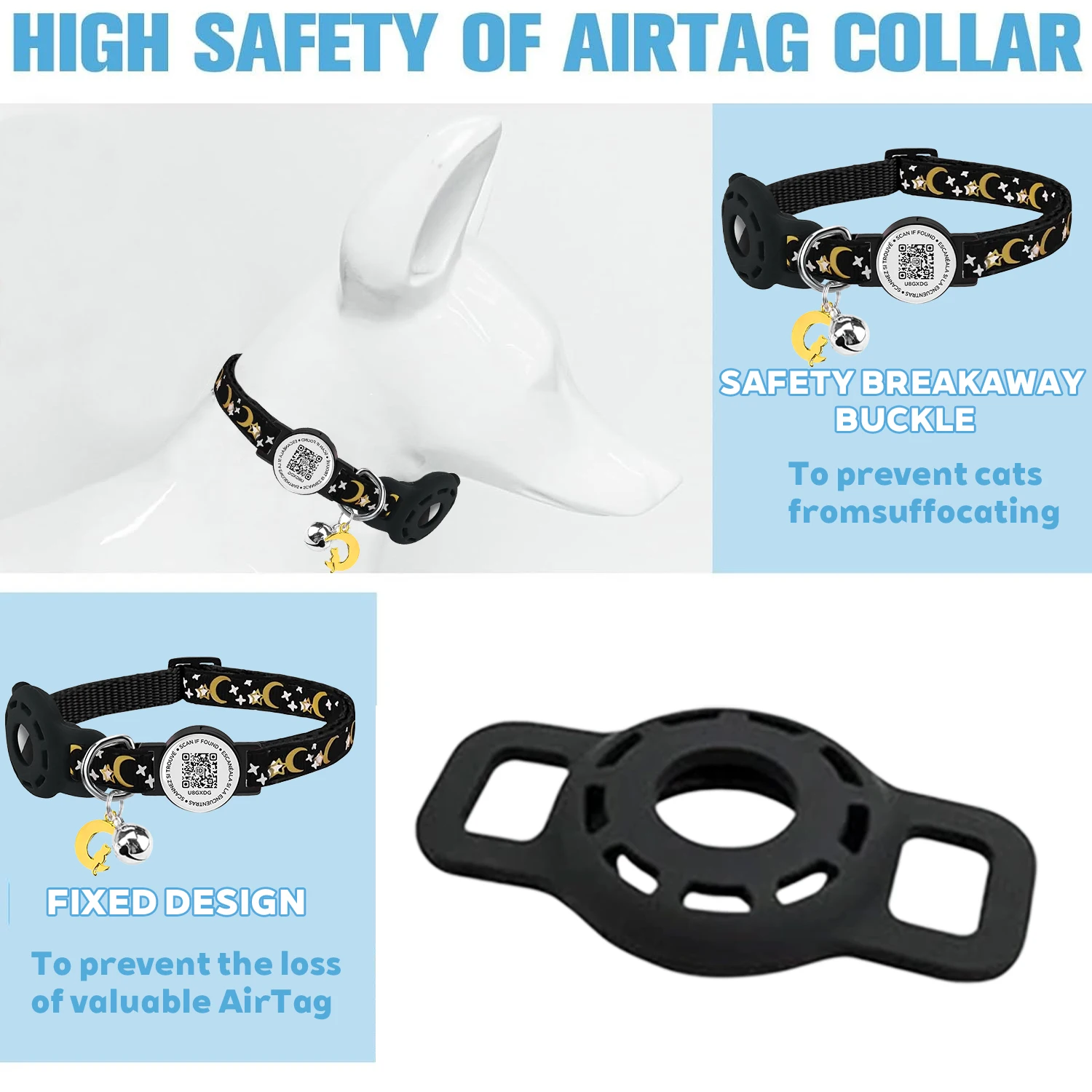 Cute Cat Collar with Airtag Holder for Apple Air Tag, Silicone GPS Tracker Holder, Glow Pet Collar with Bell & Pet QR Name Tag