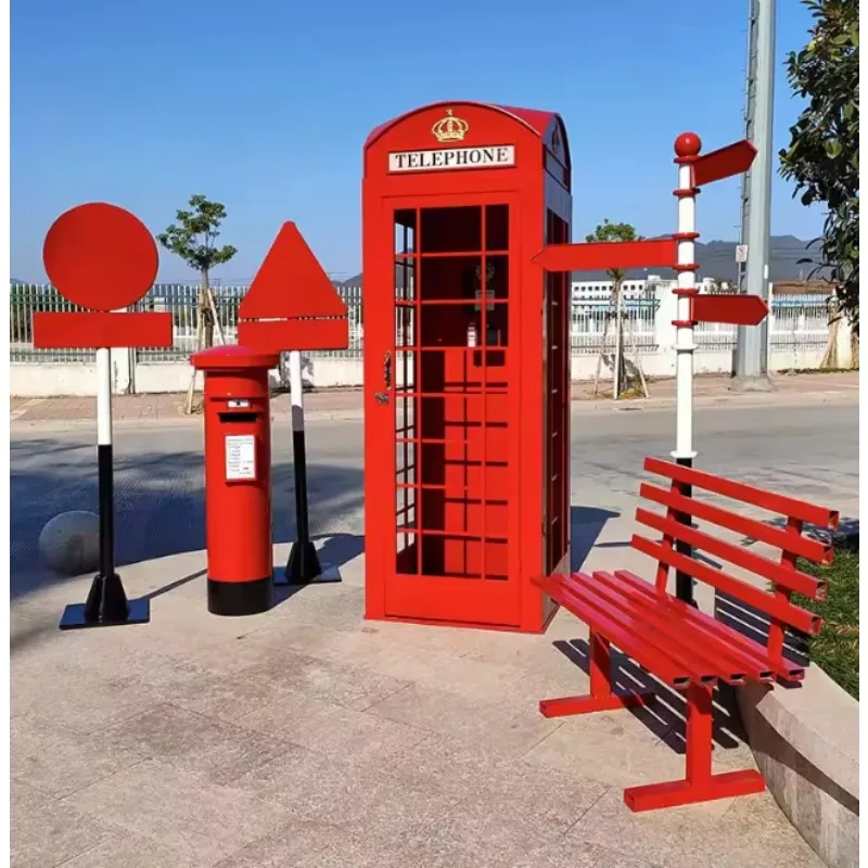 Classic British London Steel Telephone Booth Industrial Style Mailbox Newsstand Street Sign Bench Decoration Locker Prop