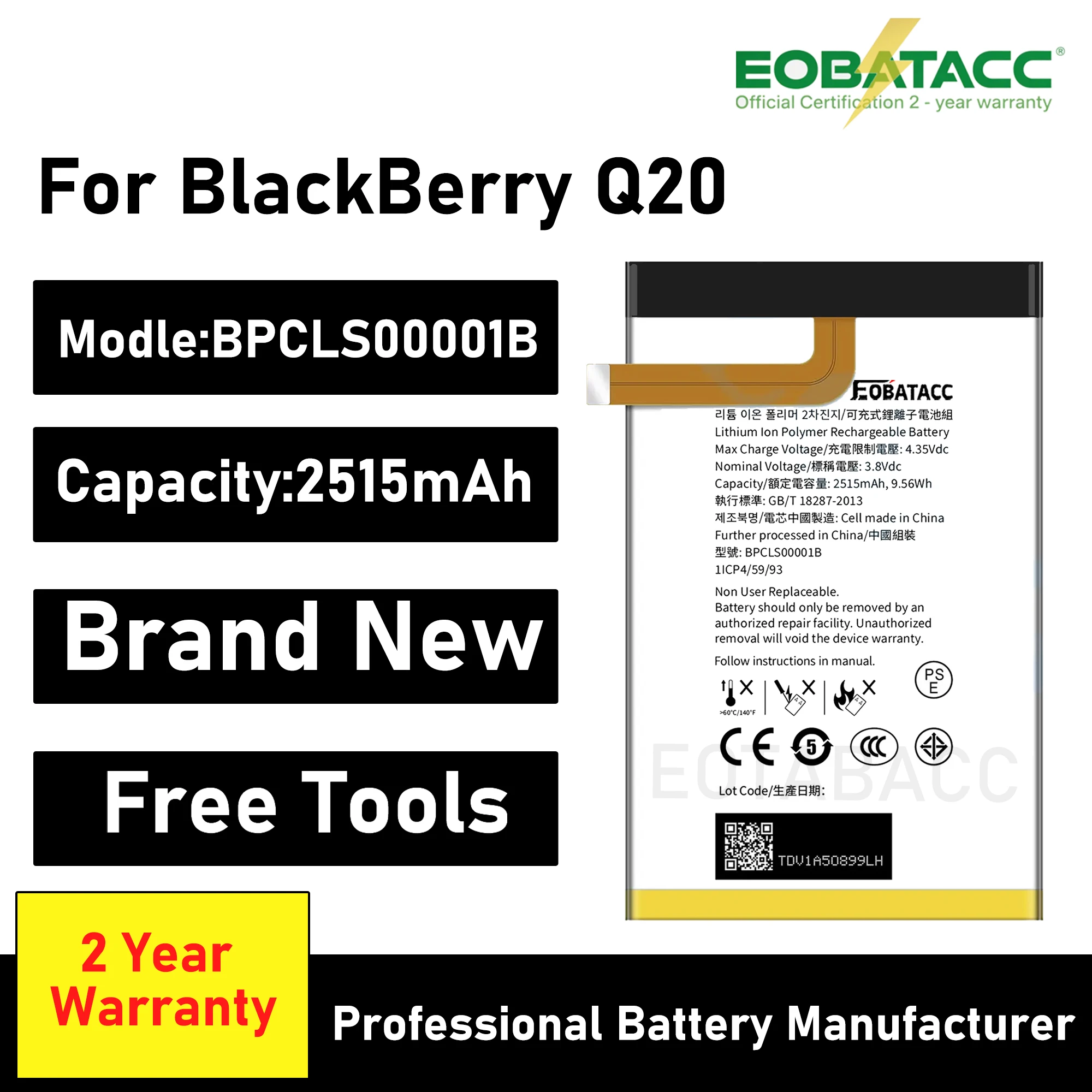 

2025 Years EOBATACC 100% New For Blackberry Classic & Q20 BPCLS00001B Large Capacity Lithium Batteries+Free Tools