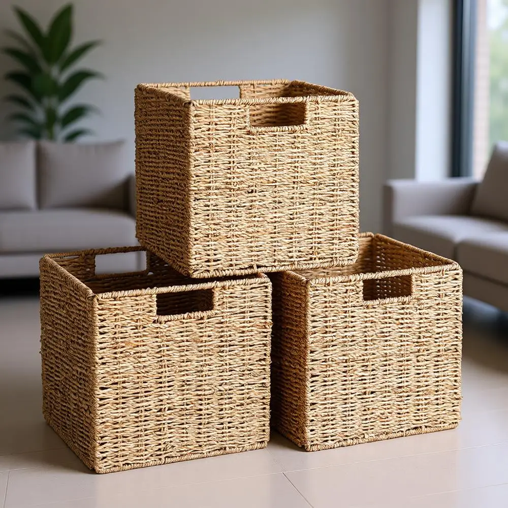 

Set of 3 Large Seagrass Cube Storage Baskets with Collapsible Cubby Shelves