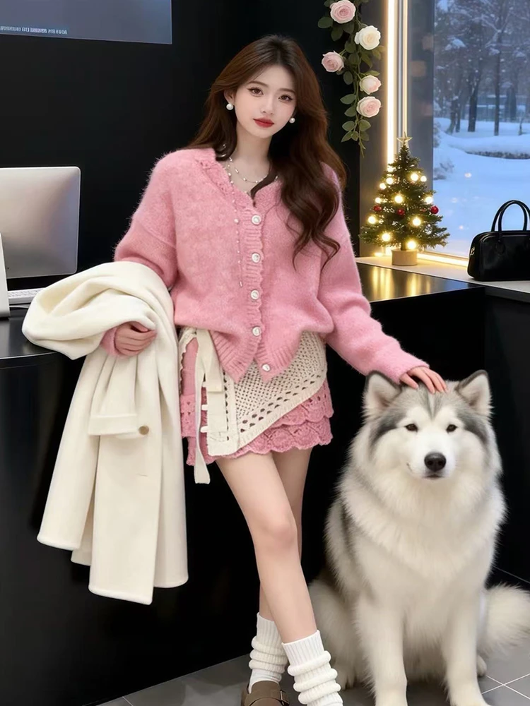 

Sweet Sle Women's Knitted Set V-Ne Sweater Cardigan Skirt High Waist Hollow out Long Sve Winter Casual Faion