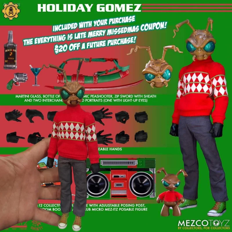 

В наличии распроданная Mezco Christmas Ant Man Gomez Gold Label, ограниченная серия, роскошное тканевое платье, подвижная кукла, 6-дюймовая игрушка 1/12