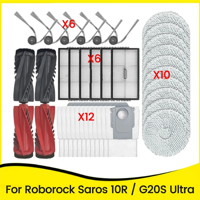 

Запасные части для робота-пылесоса Roborock Saros 10R / G20S Ultra: основные и боковые щетки, HEPA-фильтры, салфетки для влажной уборки, мешки для сбора пыли.