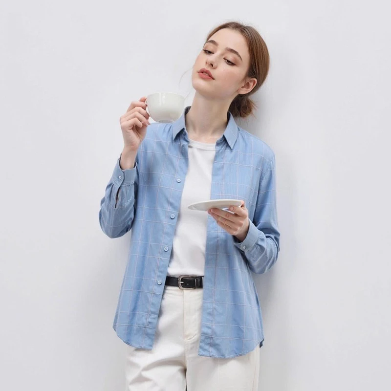 

H-Home Spring Autumn Women's Long Sve irt Classic Simple id Pattern Casual Sle Polyester Fiber Cotton Linen Blend