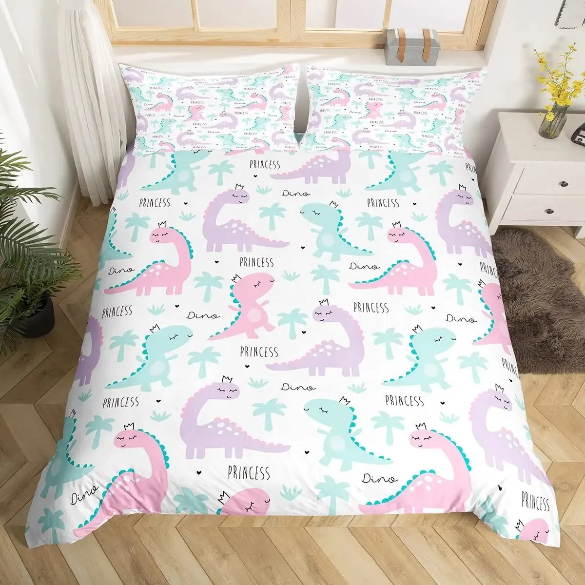 

Cute Cartoon Dinosaur Duvet Cover Set Full Size,Kawaii Dinosaur Bedding Set for Boys Girls,Colorful Dinosaur Comforter Cover Set