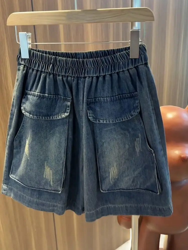 

2025 женские летние новые тонкие широкие джинсовые шорты, женские эластичные шорты с высокой талией, женские свободные шорты с карманами E9004