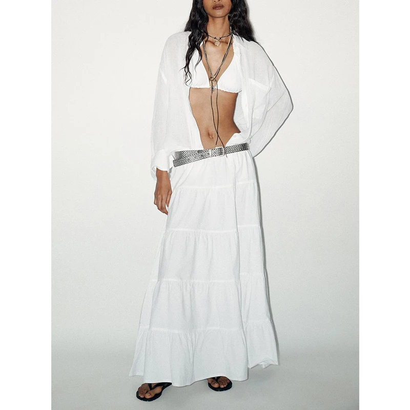 夏の新作レディースファッション　結び飾りレイヤードスプライシングミディ丈スカート　ハイウエストロング丈ドレープスカート