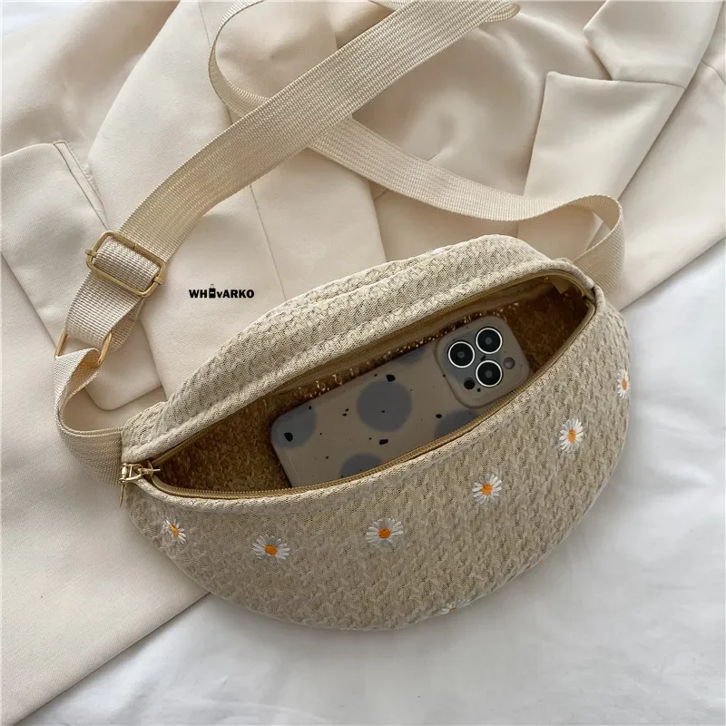 Women's Waist Bag Straw Woven Ladies Shoulder Crossbody Bags Summer Pack Fashion Phone Female Chest Bag Lace Daisy Handbags