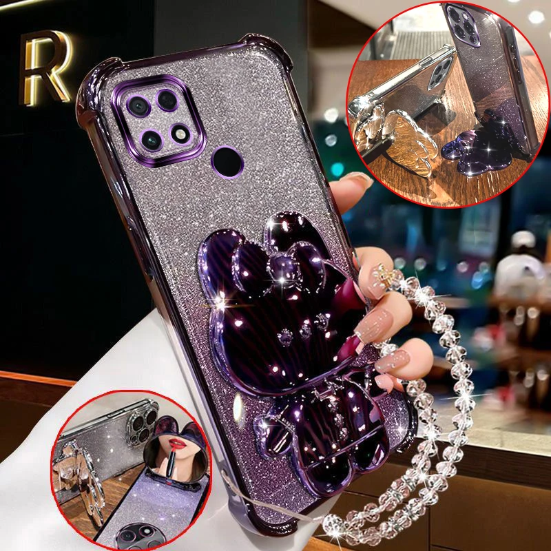

C40 Fashion Case For Xiaomi Poco C40 M4 Pro M5s M6 C31 C55 C65 Rabbit Makeup Mirror Stand Holder with Bracelet Shockproof Cover