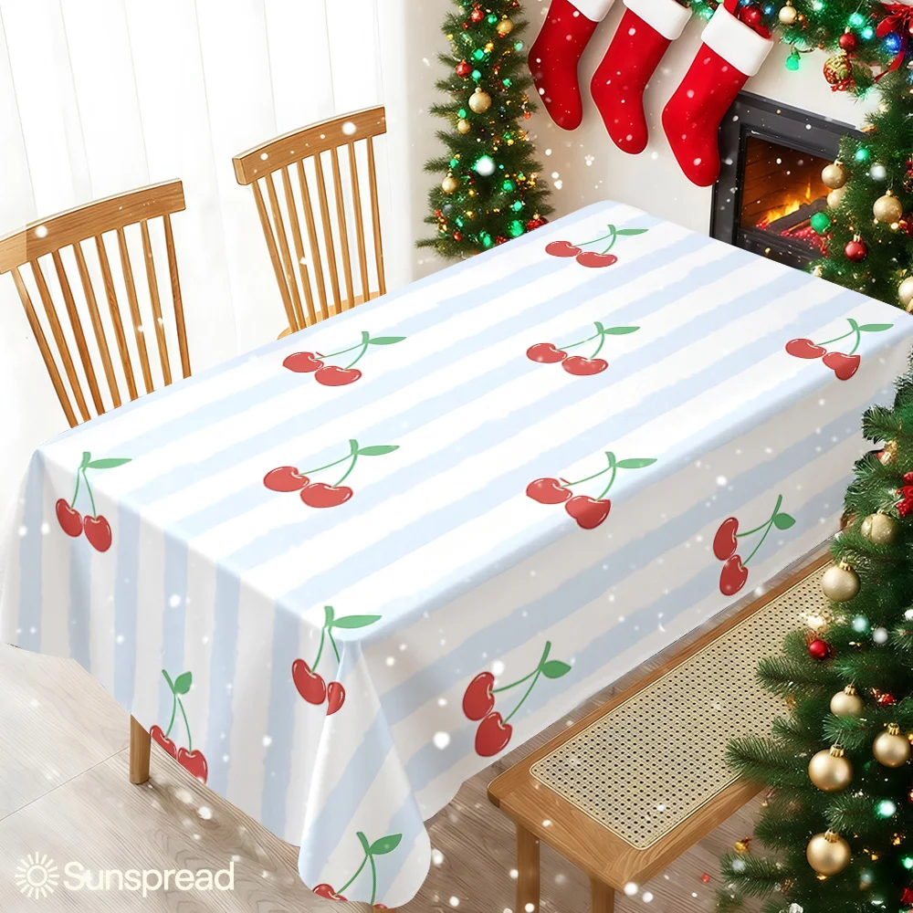 Blue Stripe Red Cherry Table Cloth Waterproof Tablecloth Spill Proof Table Cloth, Wipe Clean Table Cloth for Dining Camping