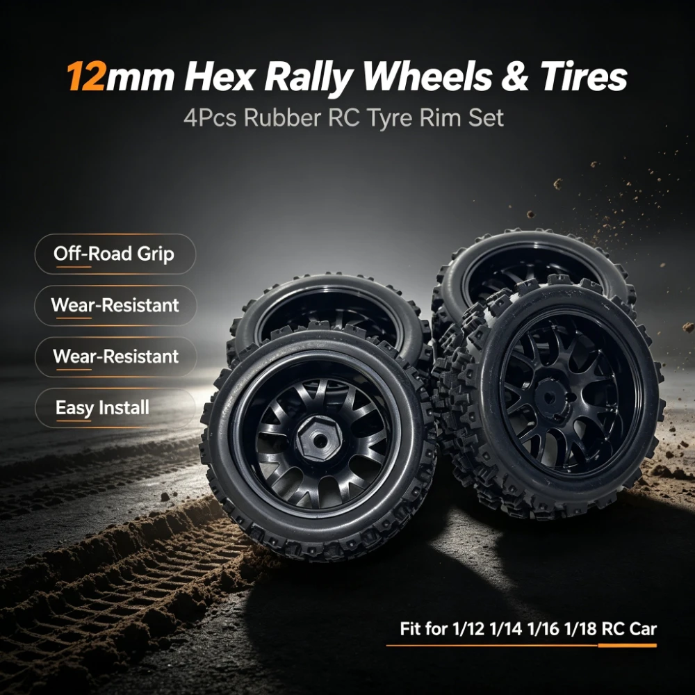 12mm Hex Rally Wheels and Tires Rubber RC Car Tyre Rim Set for 1/12 1/14 1/16 1/18 RC Off‑Road On‑Road Touring Small Buggy