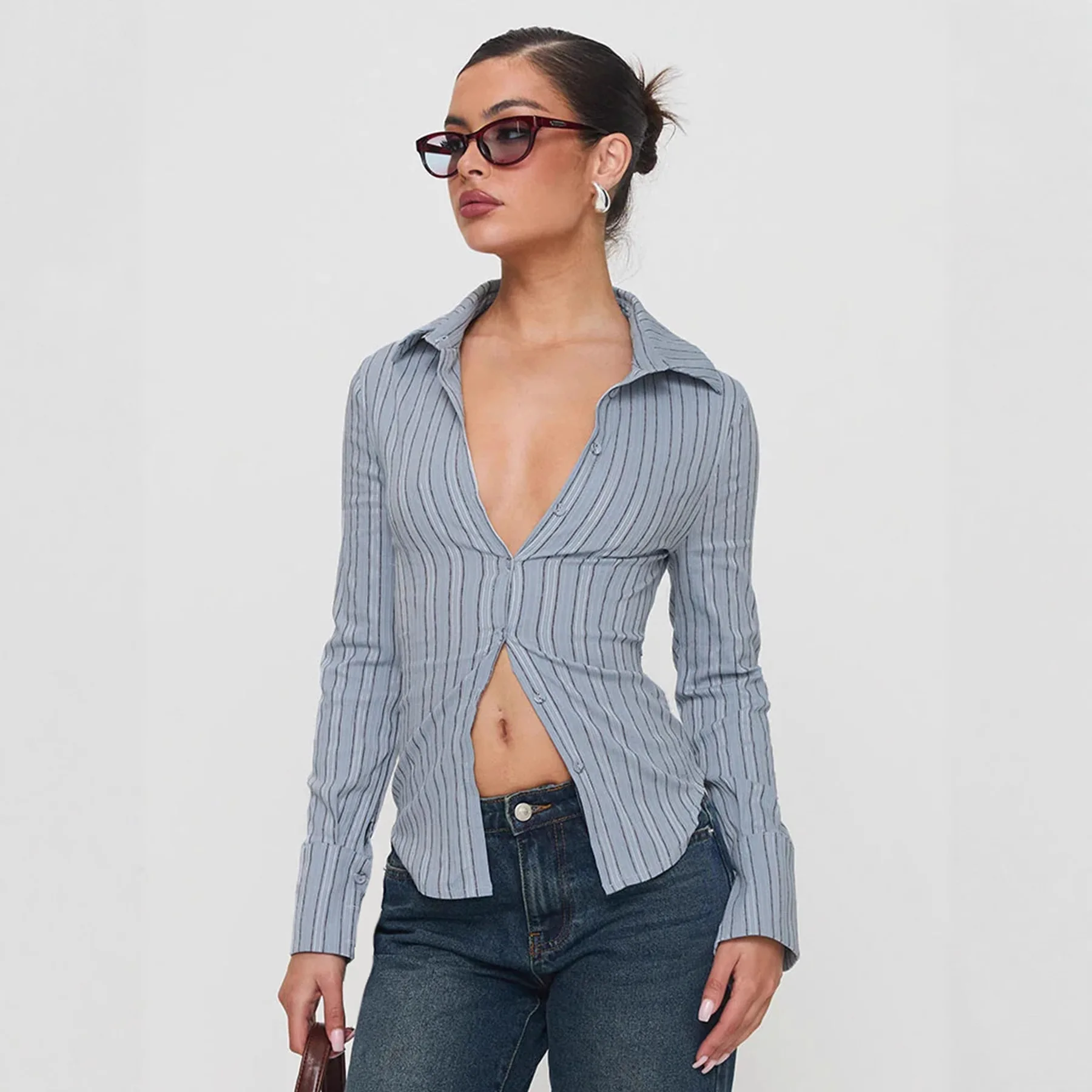 

Women's Elegant Office Wear Striped Blouse Spring New Turn Down Collar Single Breasted Waist Cinching Slim Fit Long Sleeve Shirt