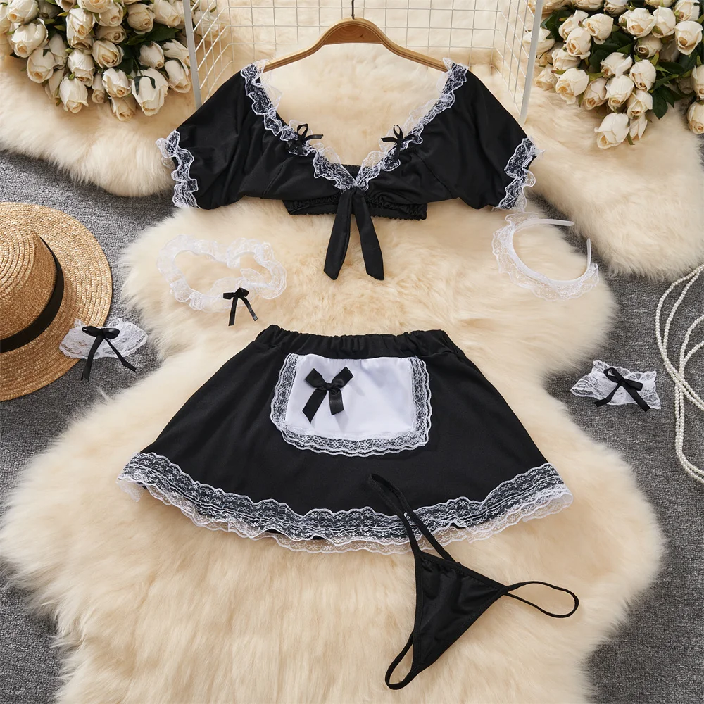 Sexy Hotsweet Women's Secret Clothes Maid Cosplay Uniform Sexy Lingerie V-Neck Crop Top Elastic Waist A-Line Short Skirt Set