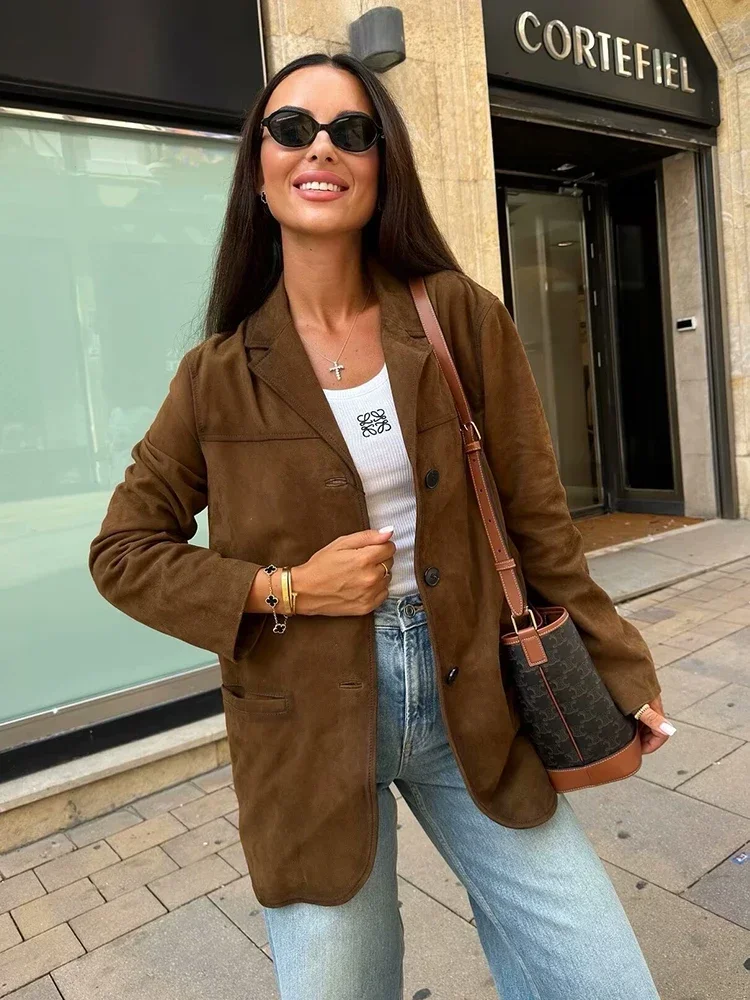 Chicheca Turn Down Collar Brown Autumn Jacket for Women Casual Single Breasted Long Coat Jacket Female Winter Jacket Back Slit