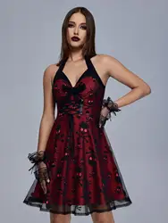 ROSEGAL-Disfraz gótico de Halloween, Mini Vestidos, ojales de vampiro bruja, Panel con lazo y cordones, vestido Retro con calaveras