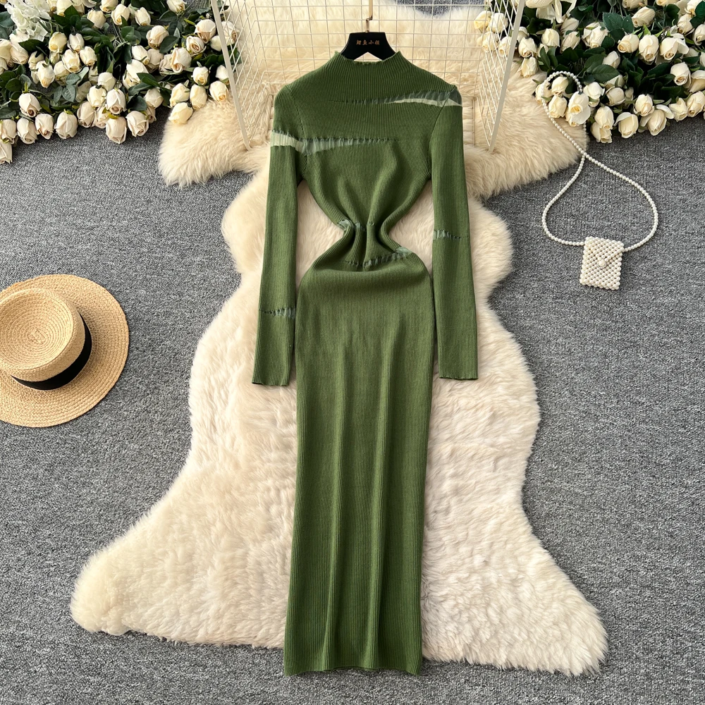 REALEFT automne hiver élégant irrégulier évider femmes robe tricotée à manches longues col roulé décontracté gaine robe portefeuille femme