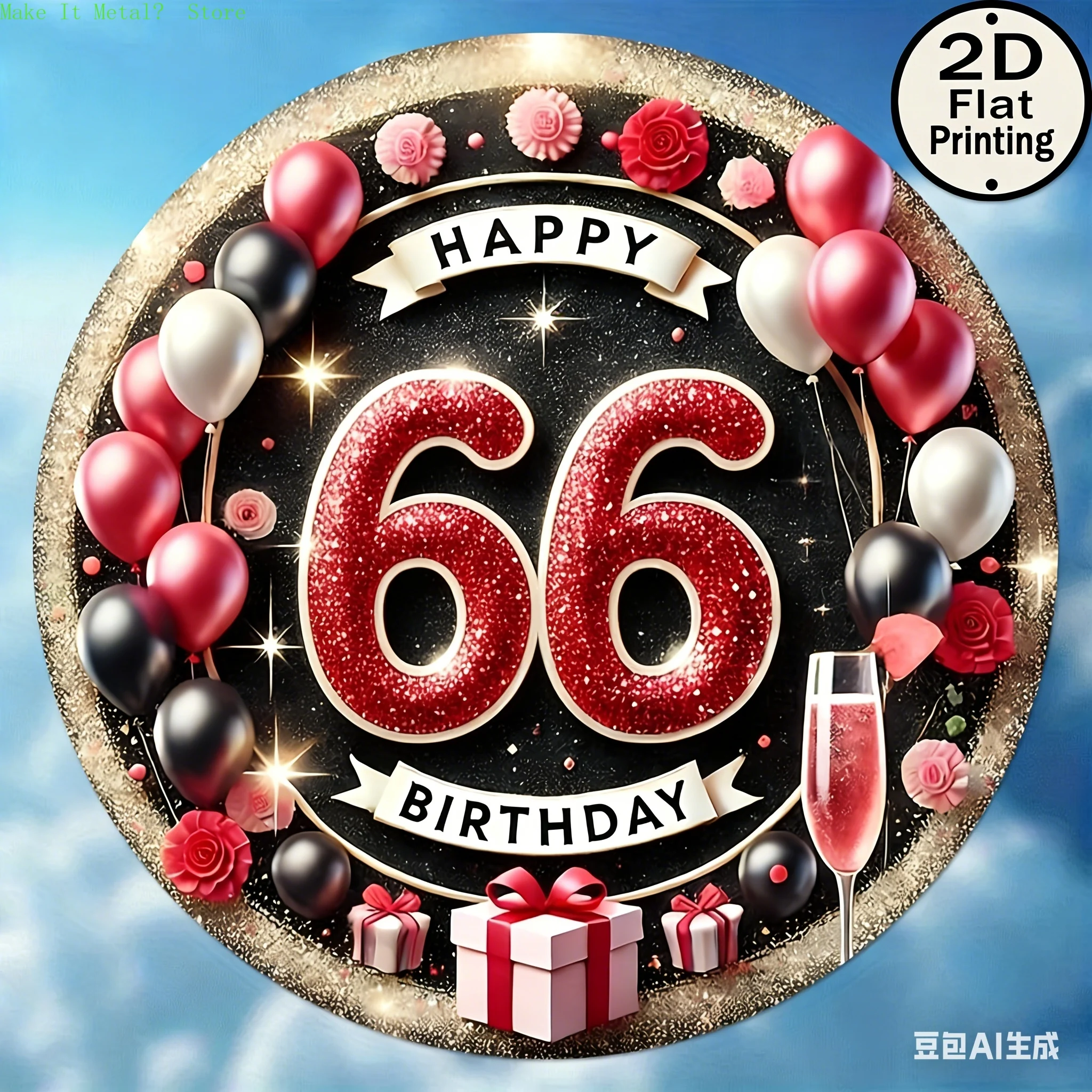 Letrero Metálico Redondo Plano 2D con Purpurina Roja y Globos para el 66.º Cumpleaños - Decoración de Pared para Celebrar una Gran Hazaña en el Hogar y Fiestas