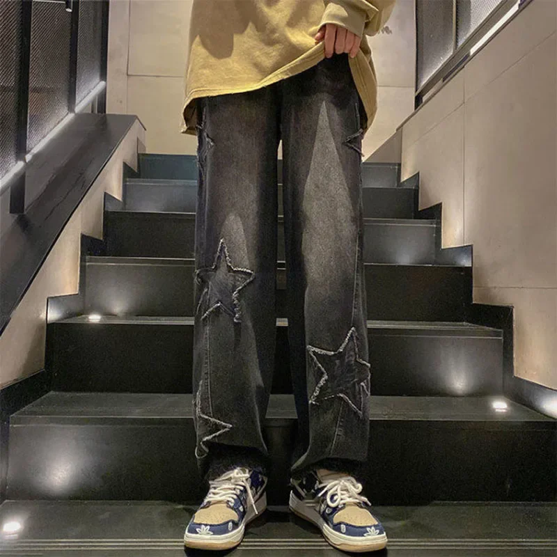 Xpqbb Y2K Vintage Streetwear Jeans Women Harajuku Star Aesthetic Wide Leg Denim Trousers High Waist Unisex Couple Straight Pants