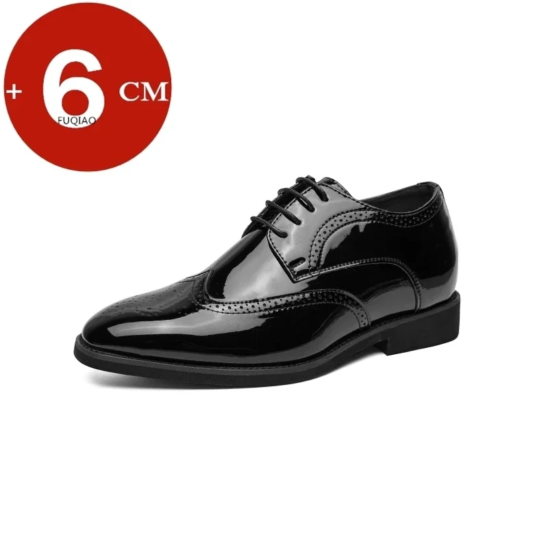 New Man Patent Leather Elevator Shoes 6CM Dress Heightening Formal Leather Shoes Brogue Business Wedding Men Oxfords Suit Shoes