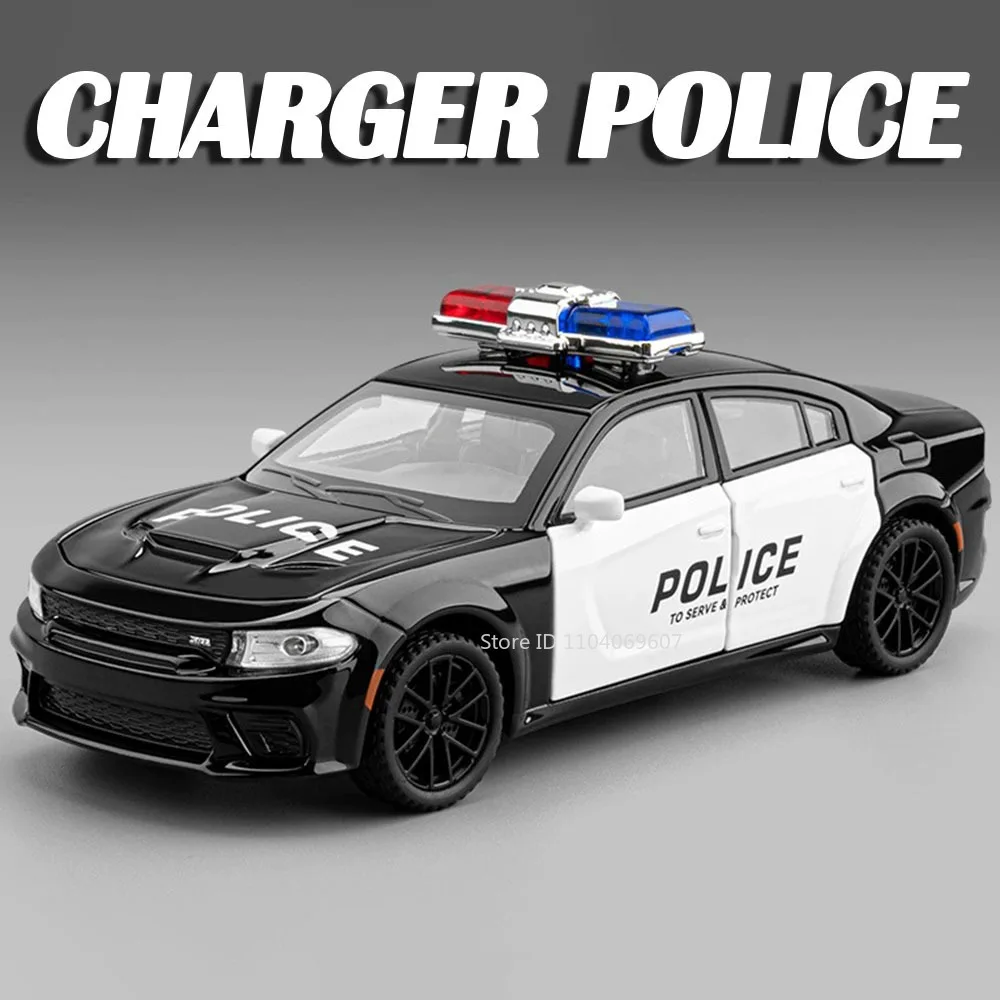 1:32 Scale Charger X-Trail Police Car Toy Model Alloy Diecast Sound Light Doors Opened Pull Back Shock Absorption for Boys Gifts