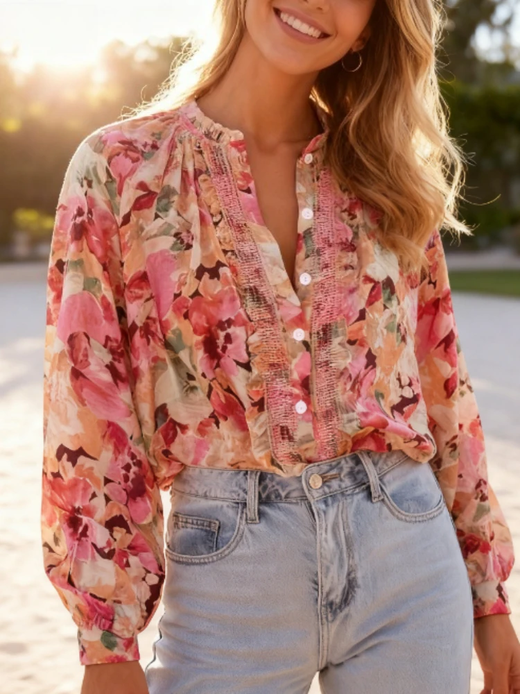 

НОВАЯ весенне-осенняя женская блузка с рюшами и круглым вырезом, длинными рукавами и цветочным принтом, розовый шикарный повседневный модный повседневный свободный топ в стиле бохо