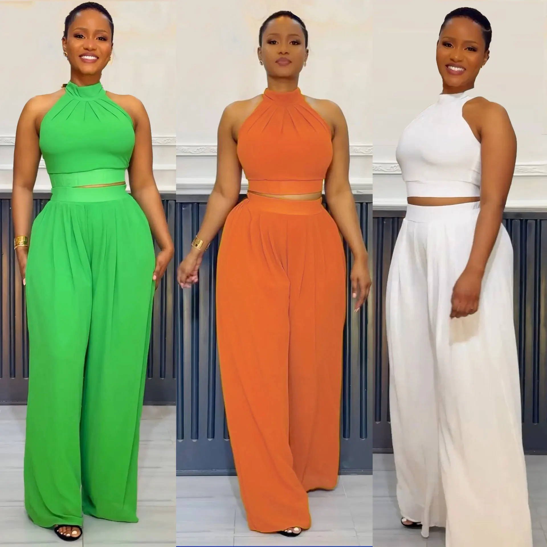 

Sexy Women's Pleated Solid Color Sleeveless High Waisted Top, Casual Wide Leg Pants Two-piece Set 2025