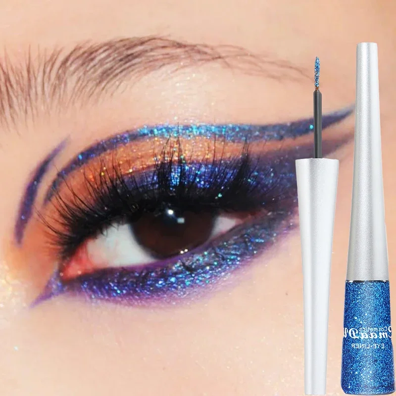 Delineador de ojos líquido con purpurina colorida, sombra de ojos nacarada, lentejuelas de 16 colores, azul, plata, rosa, oro, pincel fino, maquillaje delineador de ojos