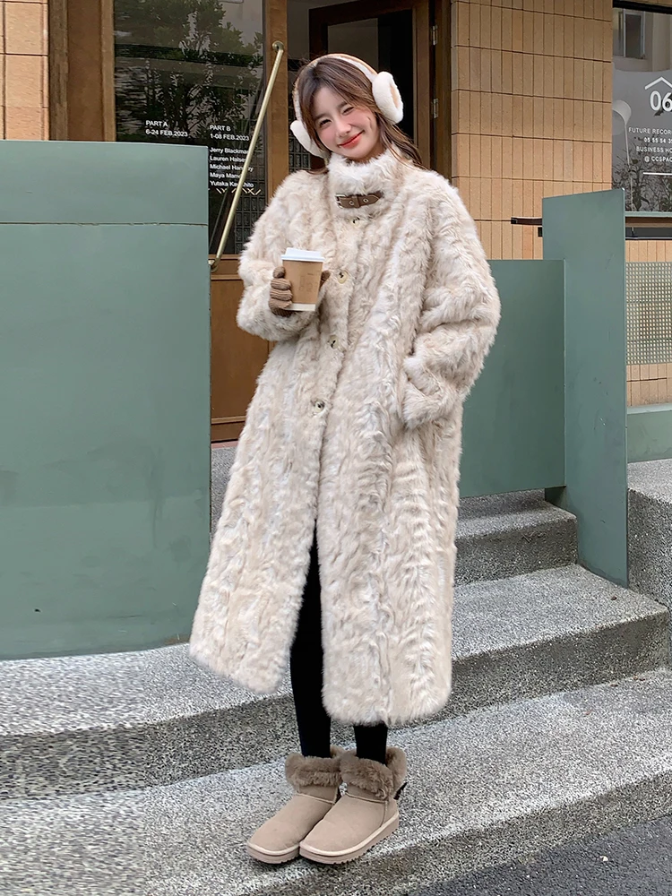 Luksusowe, długie damskie płaszcze ze sztucznego futra, nowość na zimę 2024, zapinane na guziki, skórzane i futrzane, imitacja skóry licowej, koreański styl.