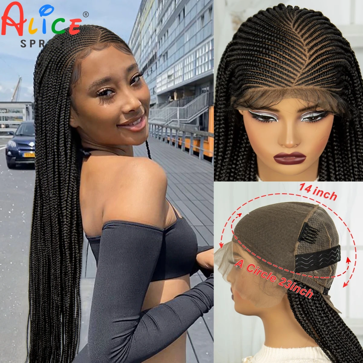 Pelucas trenzadas de cornrow Natural de 36 pulgadas, peluca de encaje trenzado sin nudos sintético, pelucas trenzadas de encaje completo con pelo de bebé para mujeres negras