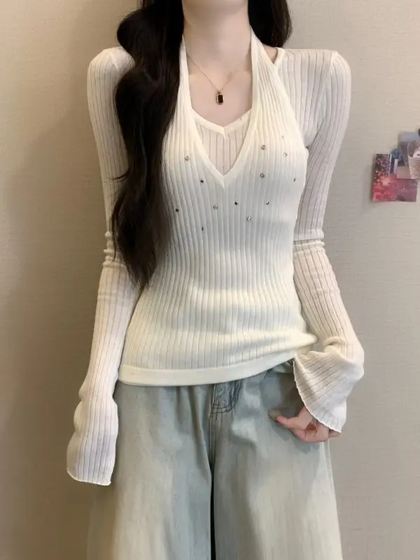 

Женский облегающий трикотажный топ с пайетками и длинным рукавом, имитация двухслойности, весенний дизайн, с эффектом многослойности, для ношения под одеждой