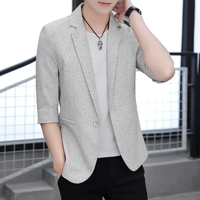 HOO 2024 Summer New Men's Half Sleeve Jacquard Suit Jacket Youth Handsome Casual   blazer