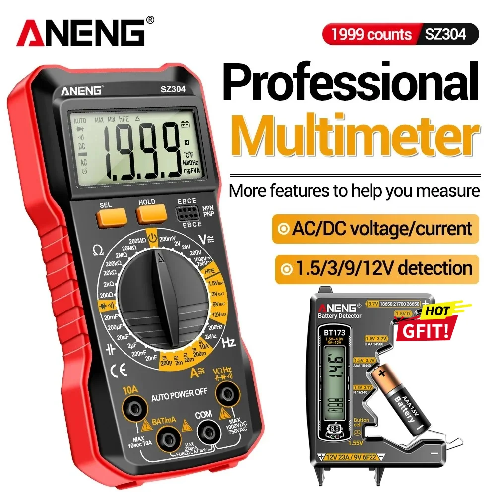 Multimètre numérique ANENG SZ304, tension AC/DC, courant, résistance, capacité, test de transistors HFE, cadeau GRATUIT, batterie universelle BT173