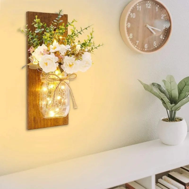 

Rustic Wall Sconces Mason Jar Sconces Handmade Wall Art Hanging Design With Remote Control LED Fairy Lights And White Peony,Chri