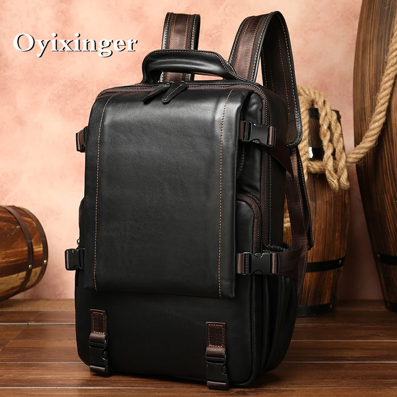 

OYIXINGER High Quality Genuine Leather Men Backpack For Teenage Boy 15.6" Laptop Bag School Backpack New Male Travel Backpacks