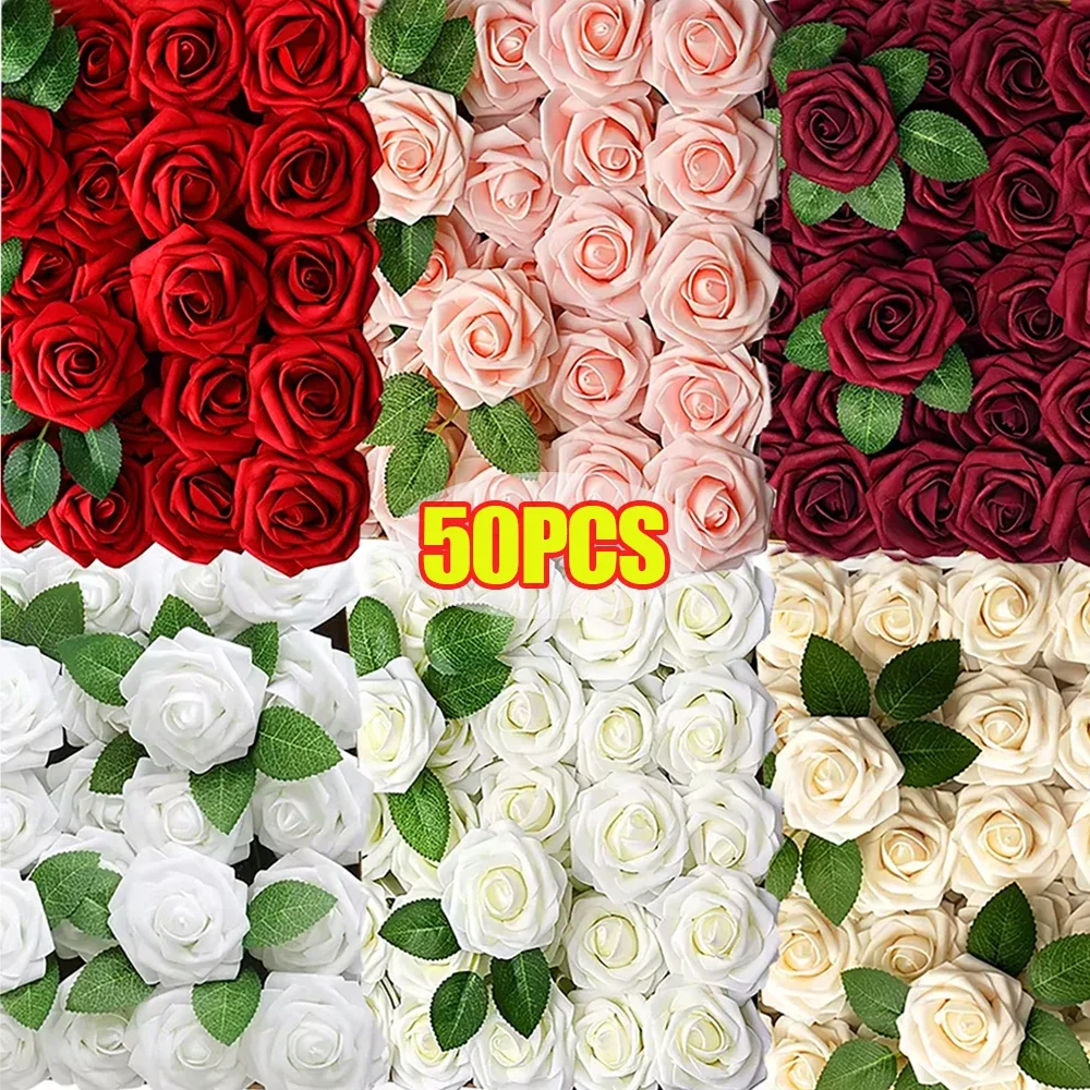 5/50PCS Artificial Rose Flower Valentines Day Red Velvet Foam Fake Rose Flowers Home Party Wedding Bouquet DIY Gifts Decorations