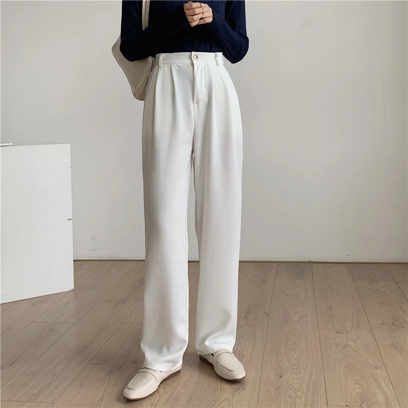 

High Waist Drapey Wide Leg Pants Women's Fashion Spring Commute Straight Casual Long Trousers Korean Style Polyester Blend