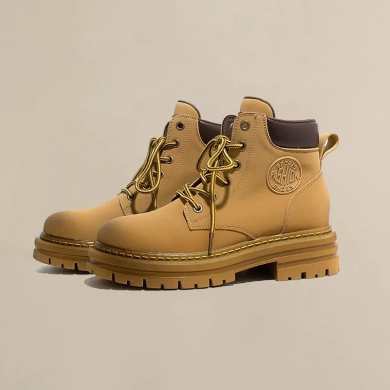 Lynjacye Women Brown Color Fall Winter Thick Bottom Versatile Climbing Yellow Boots Retro Keep Warm Short Boots
