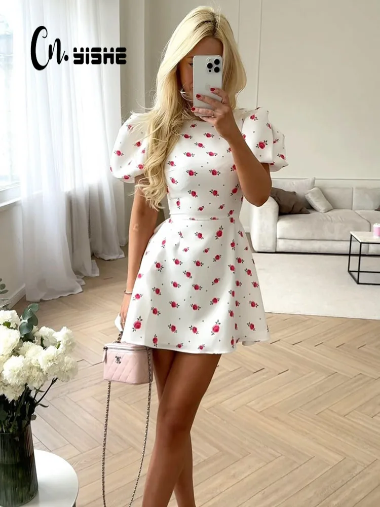 CNYISHE Puff Sleeve Print Bodycon Sheath Women Dresses Summer Short Sleeve Sexy Club Outfits Fashion Zipper Female Vestidos Robe