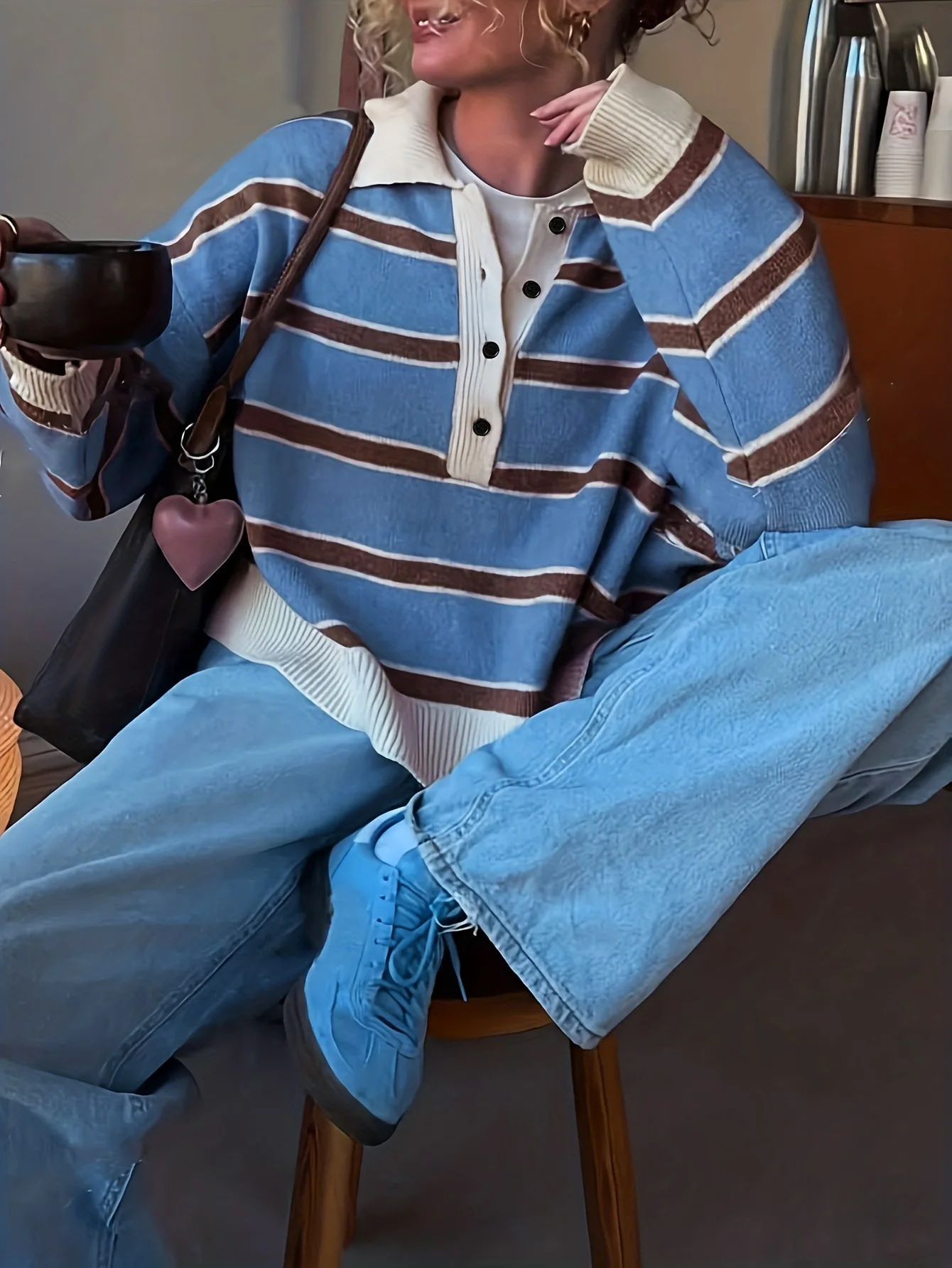 

Japanese Style Retro Striped Half-button Polo-neck Sweater For Women Autumn And Winter Loose Style Small Design knit Top