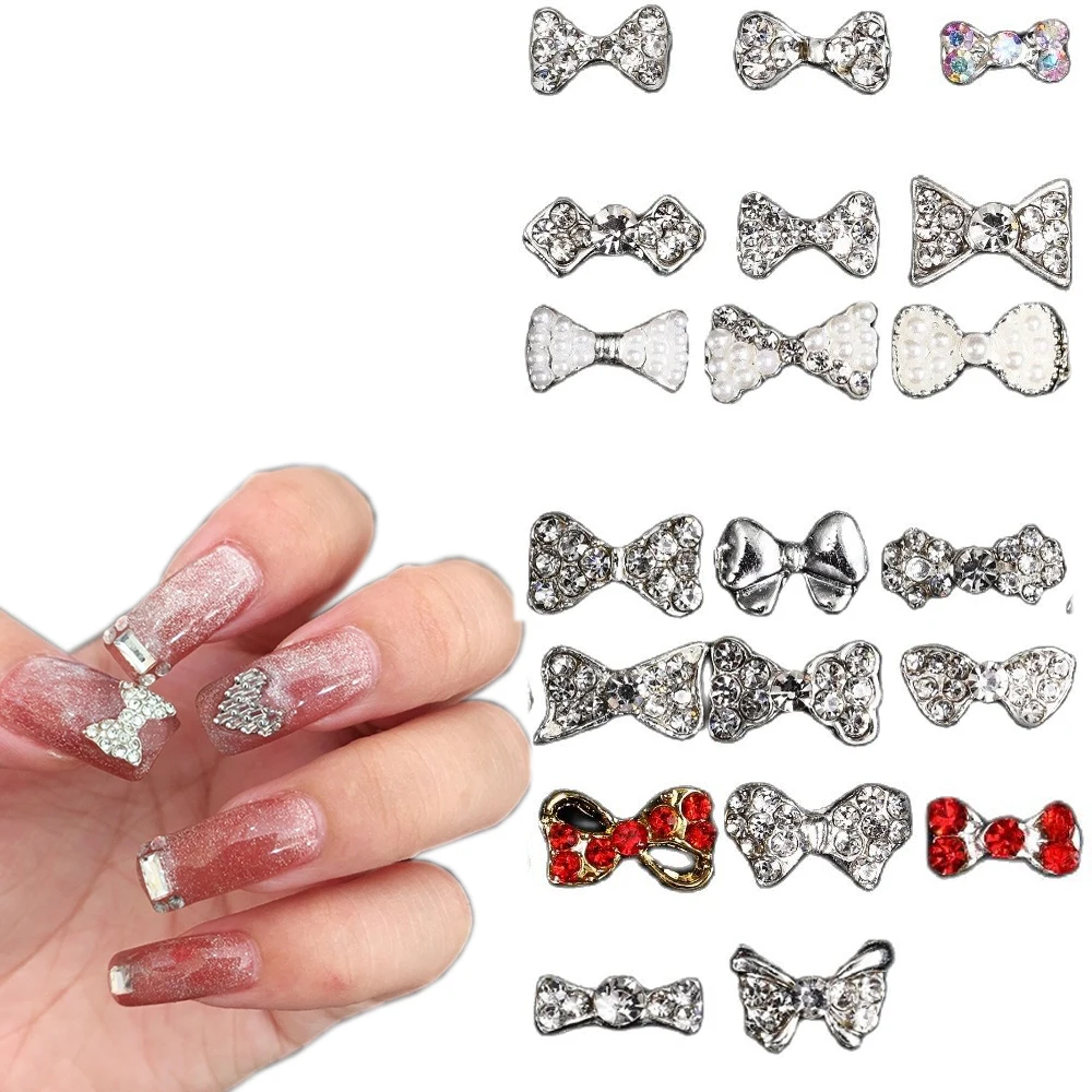 

100Pcs Mixed Bow Rhinestone Nail Alloy Decor 3D Silver Metal Pearl Crystal Glass alloys nail Jewelry 100pcs FlatBack Nails Charm