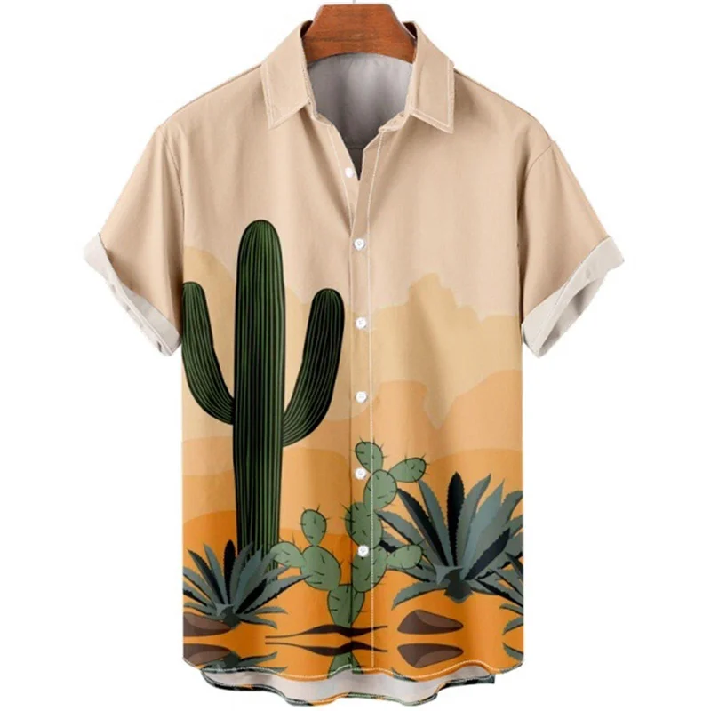 Cactus Desert Landscape 3d Print Shirts Men Fashion Shirt Short Sleeve Casual Shirts Single-Breasted Shirt Men\'s Clothing