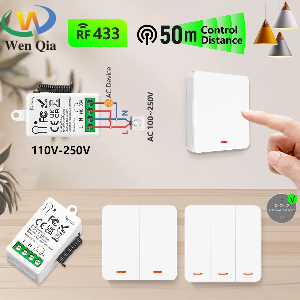 

433MHz Smart Light Switch AC 110V 220V Receiver and 1/2/3Gang 86 Wireless Push Button Switch Transmit 50m for Home Improvement